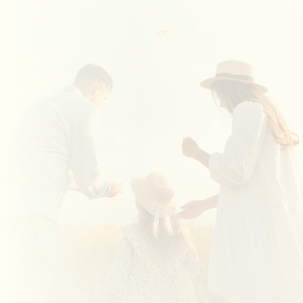 La missione di Valle di Assisi Famiglia che vola un aquilone in un campo al tramonto