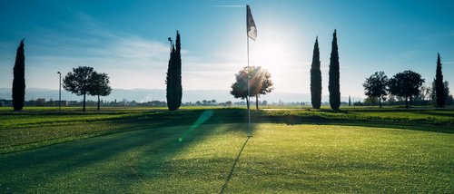 Deluxe room Golf flag on green at sunset with trees and clear sky
