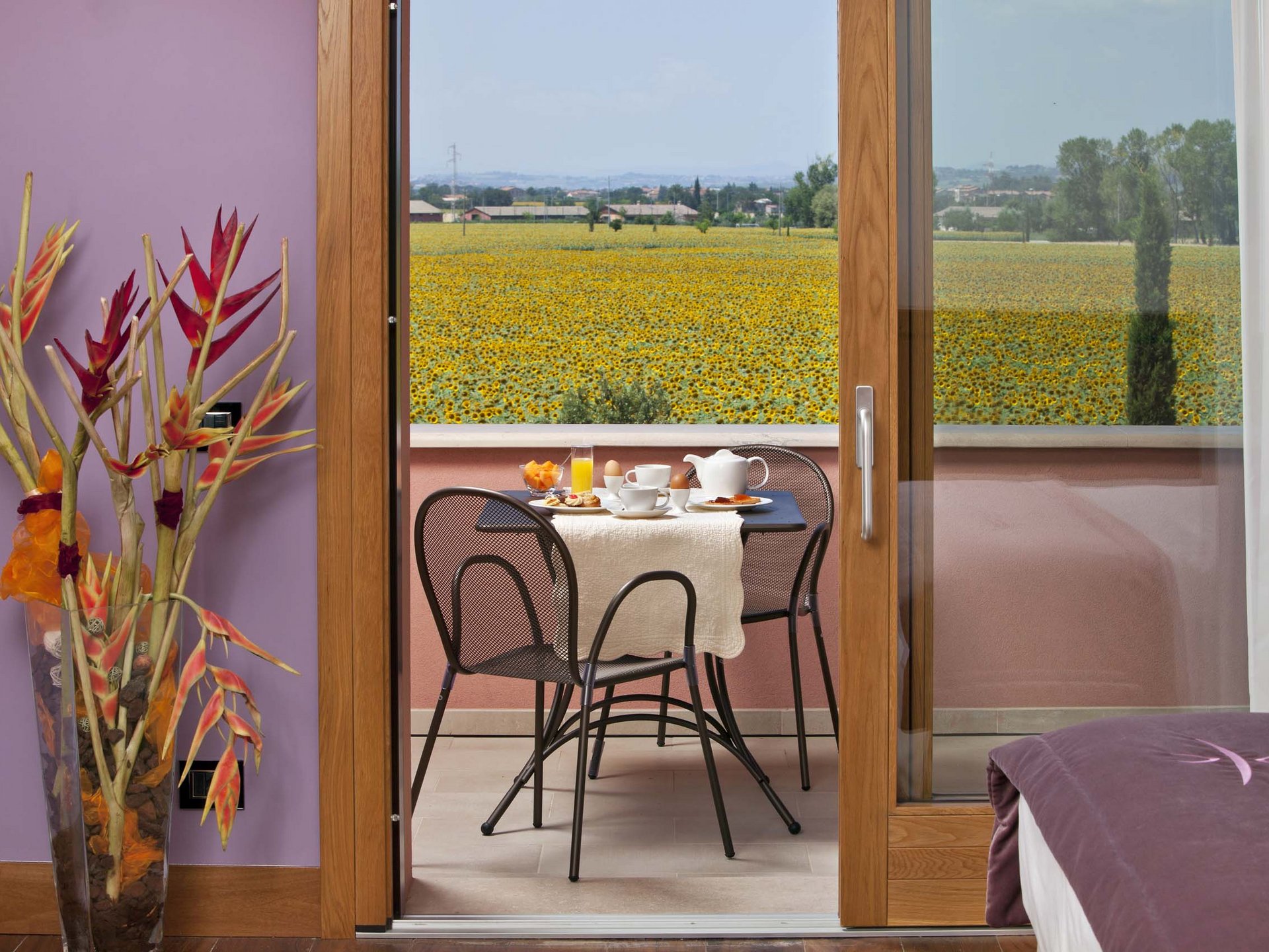 Deluxe room Terrace with set table and view of sunflower field